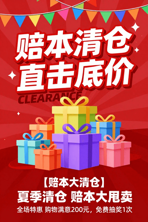 红色背景素材：高饱和促销海报：亏本清仓活动视觉冲击设计