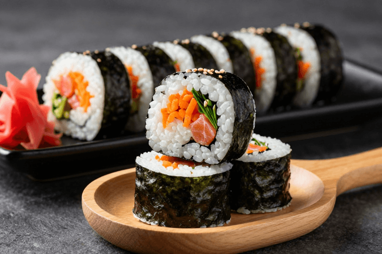 侧逆光照明素材：精致寿司卷特写：木质碟与黑盘上的日式料理美学