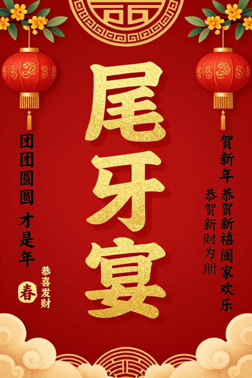 中国风新年素材：金红喜庆尾牙宴海报：传统中国风团圆贺岁