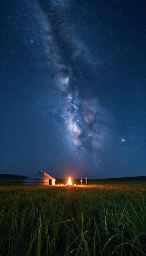 超广角摄影素材：星空下的草原：篝火与剪影的静谧之夜