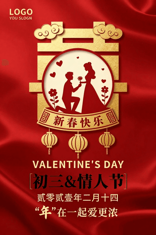 新春祝福素材：中式情人节红金剪影海报：喜庆与浪漫融合