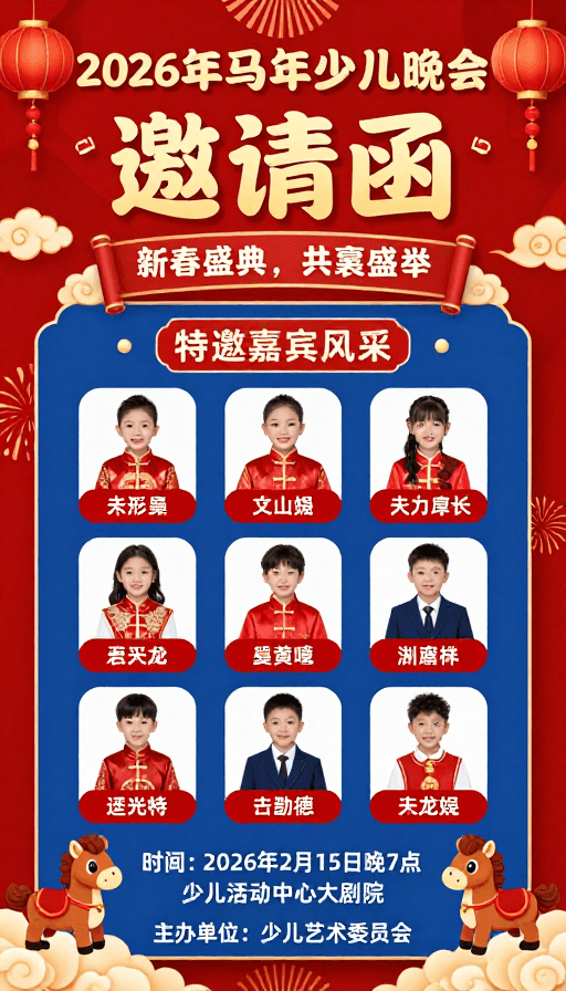 儿童活动素材：2026马年少儿春晚：红色中国风喜庆邀请函