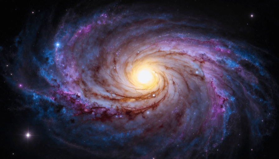 高对比度素材：螺旋星系中心暖黄光晕与深空细节实拍