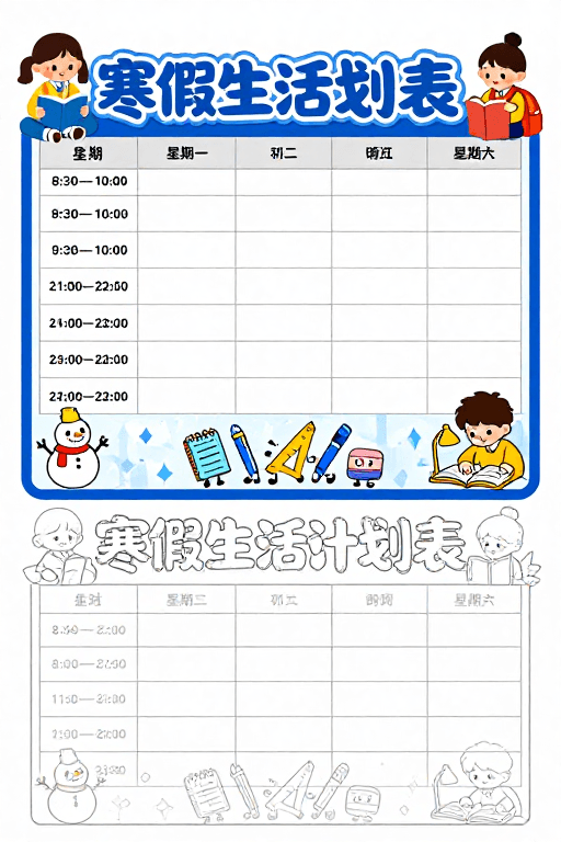 时间管理素材：寒假童趣计划表：手绘时间管理手账设计