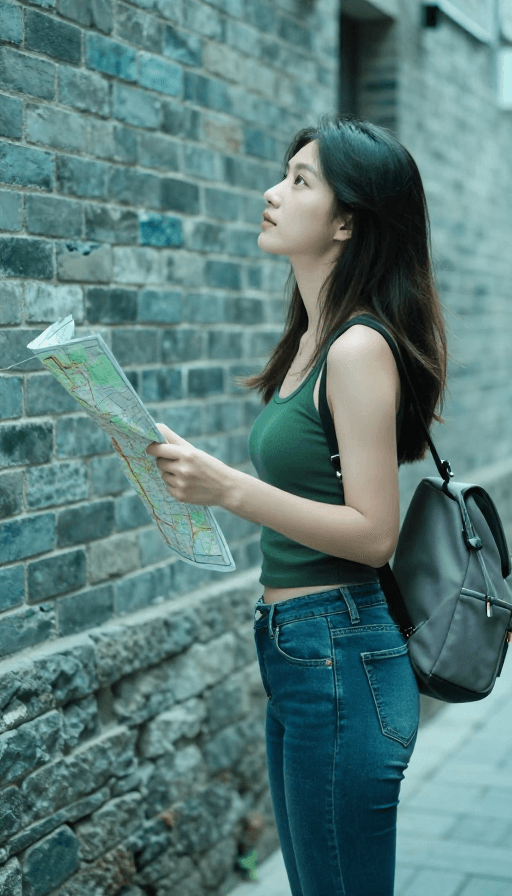 侧脸特写素材：墨绿背心的少女在古巷探路：冷调天青摄影