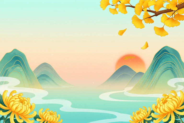 国风插画素材：东方秋韵山水：银杏菊花的渐变意境插画