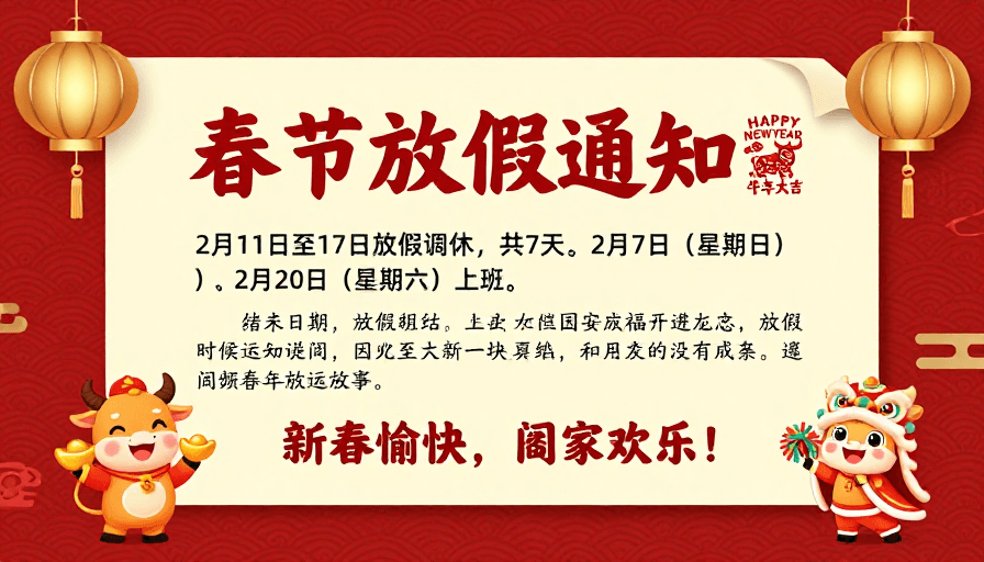 传统插画素材：春节放假通知海报：红色喜庆中国风设计