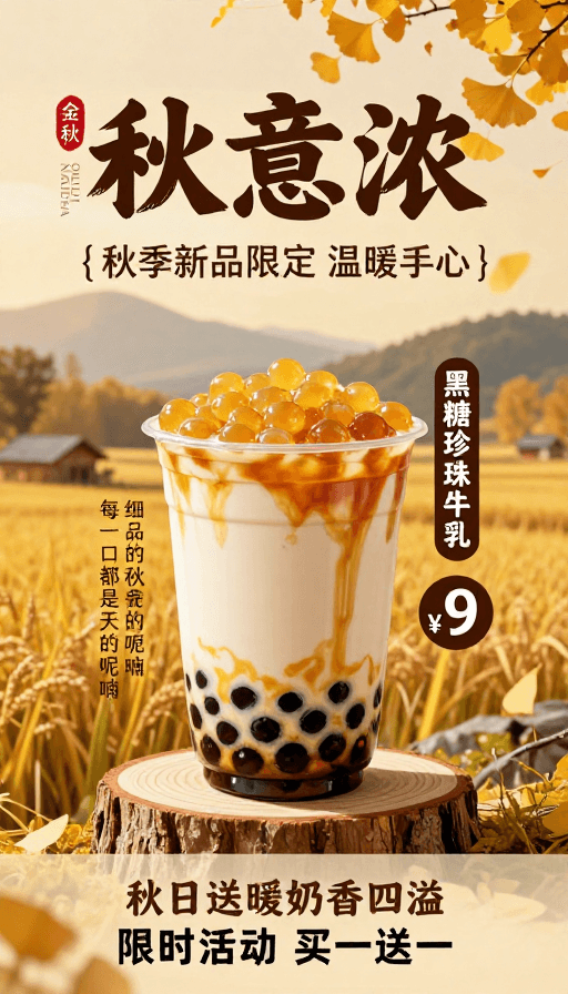 产品宣传素材：秋日限定黑糖珍珠奶茶，暖色调治愈感产品摄影