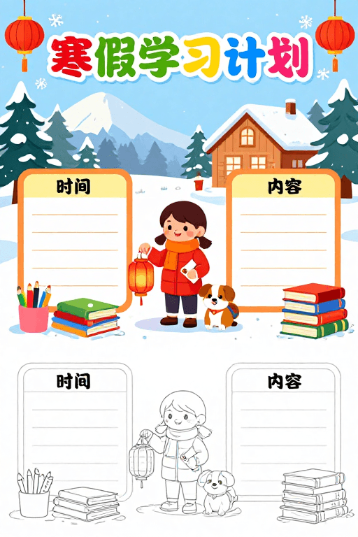 学习计划表素材：寒假学习计划手绘海报，色彩缤纷冬日校园风