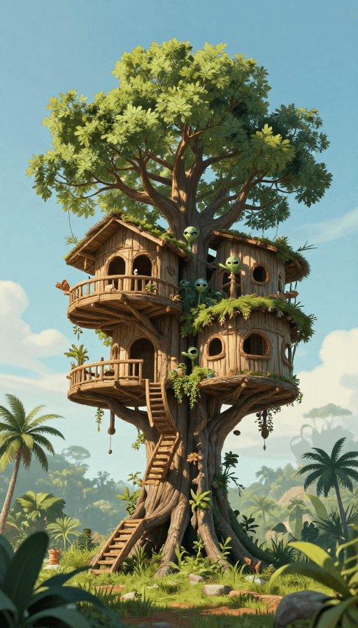 科幻素材：科幻外星树屋：奇幻家园的探索之旅