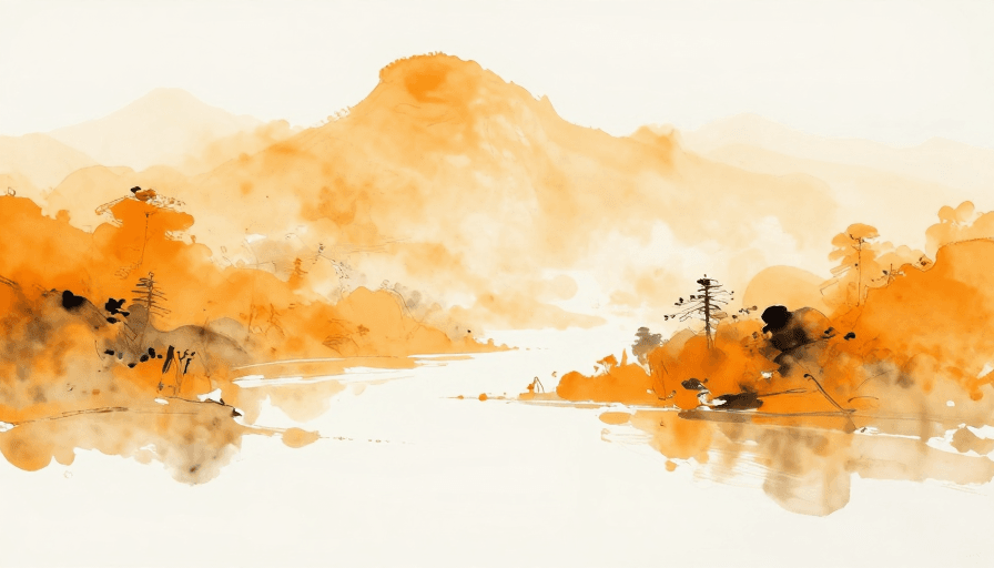 装饰背景素材：橙黄晕染水墨山水，留白意境深远