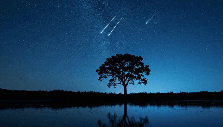 流星轨迹素材：静谧星河：孤树剪影下的夜之境