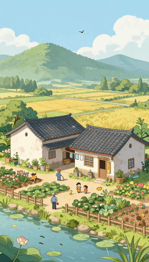 自然场景素材：温馨田园：宁静乡村生活插画