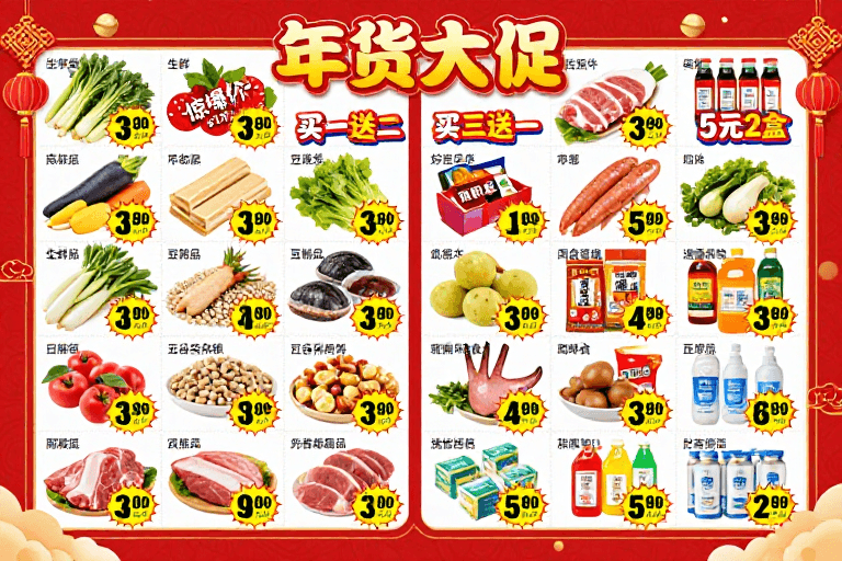 红金配色素材：红火年节促销：生鲜零食年货大赏