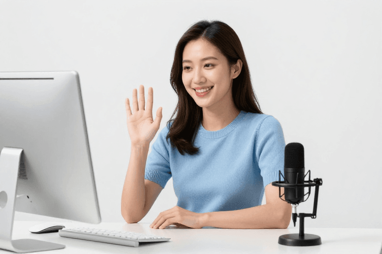 办公场景素材：亚洲女性微笑挥手办公场景，专业高清摄影展示