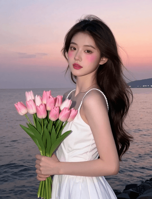 海边素材：海边少女与晚霞：梦幻郁金香的优雅瞬间