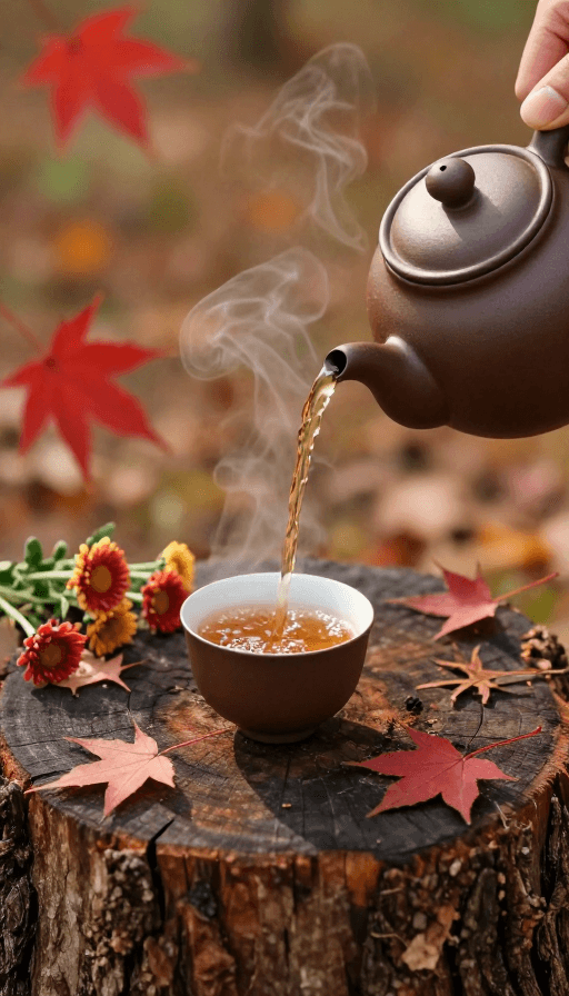 季节美学素材：秋日茶韵：树桩旁的琥珀茶汤与红叶菊花交响