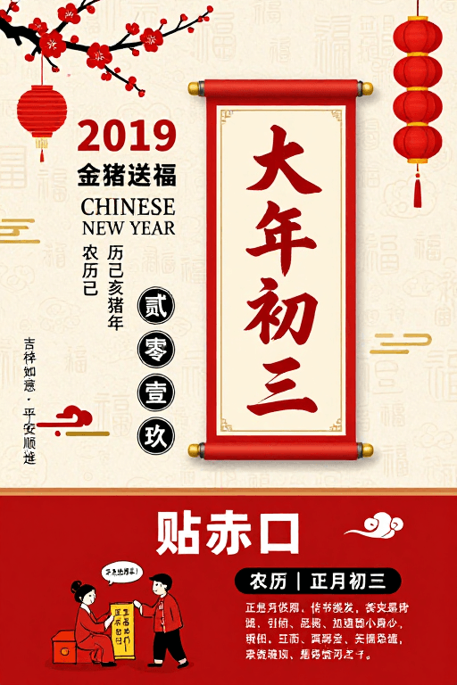 传统民俗素材：红金祥瑞：中国传统春节初一至初三民俗宣传海报