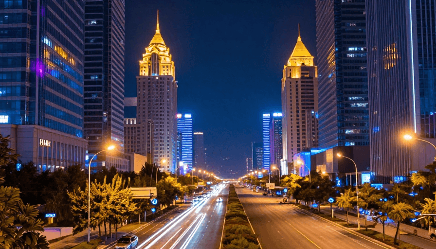 科技主题素材：霓虹都市夜景：车流光轨穿梭现代摩天楼间