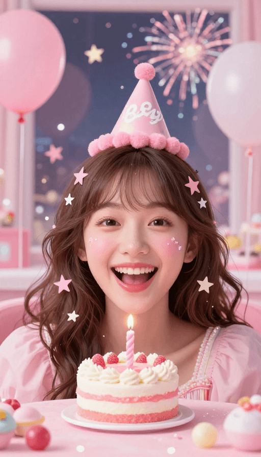 面部特写素材：甜蜜笑容开启人生新副本：生日庆典的粉色梦幻时刻