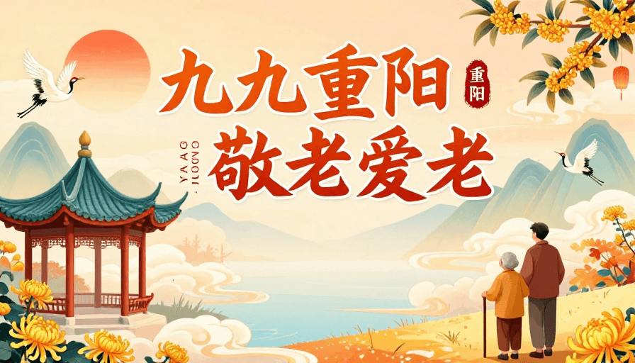 重阳节素材：九九重阳 敬老爱老：温暖秋日中式插画海报