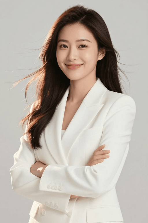浅灰背景素材：专业广告级亚洲女性白色西装微笑摄影