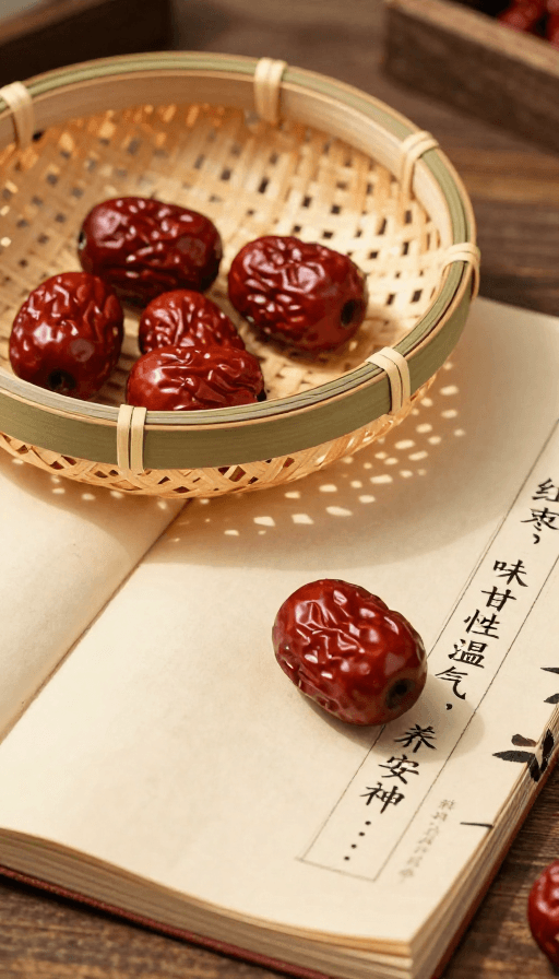 健康科普素材：古风红枣养生图：竹篮与医书中的传统智慧