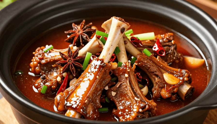 食材特写素材：黑砂锅红烧羊排：酥烂入味，暖光诱人