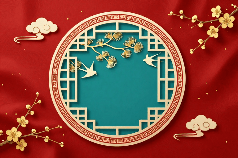 春节主题素材：喜庆红绸背景：金梅松燕传统窗格设计
