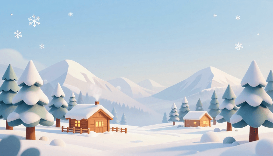 UI背景设计素材：梦幻冬日雪景：3D低多边形温馨小屋插画