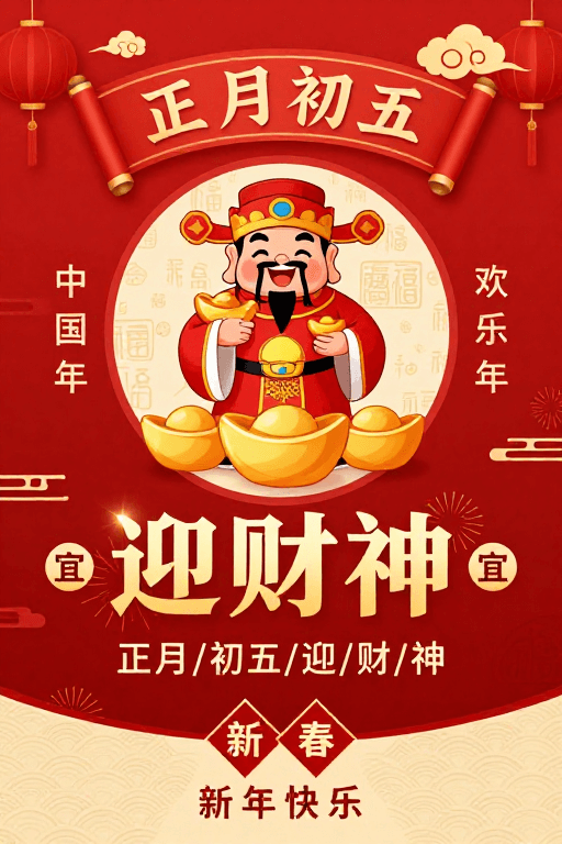财神文化素材：红金配色迎财神·春节插画海报