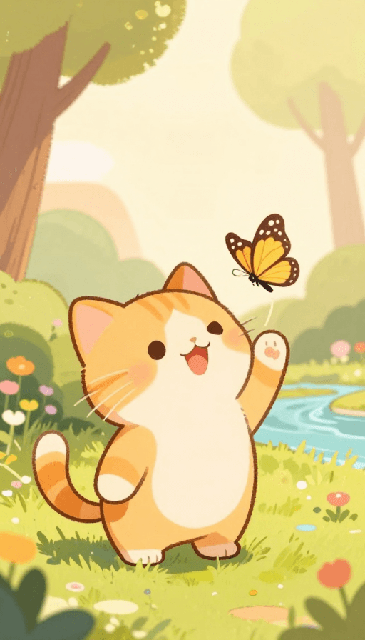 教育插图素材：童趣绘本：阳光小猫捕捉蝴蝶的快乐瞬间