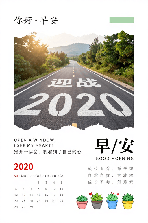 手绘插画素材：极简晨光治愈海报：迎战2020·早安启航