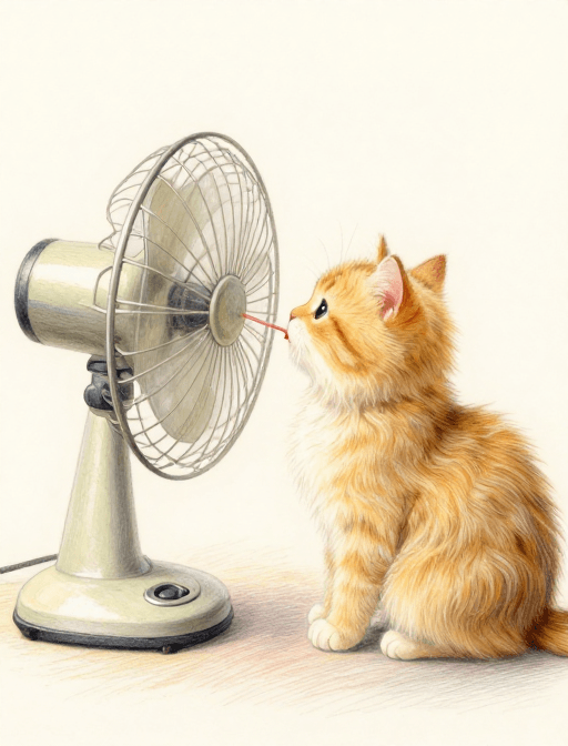 手绘风格素材：彩绘金渐层猫与老风扇的治愈绘本瞬间