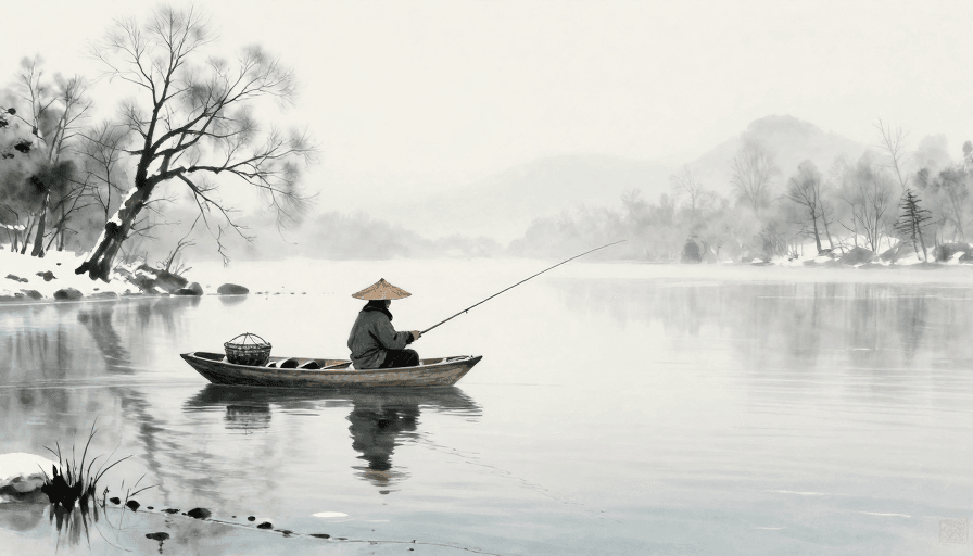 枯寂意境素材：水墨冬湖：枯寂渔舟的静谧时光