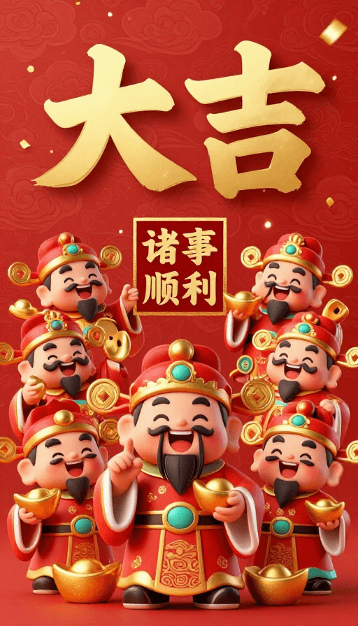 财神爷素材：大红金彩财神贺岁图：大吉大利迎新春
