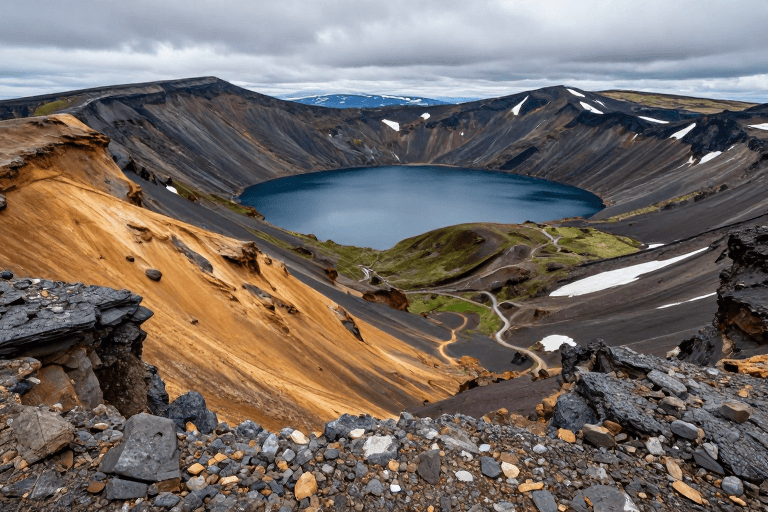 火山口摄影素材：壮美火山口：冷峻自然光影下的地质奇观