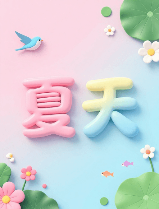 文字设计素材：清新夏日氛围：粉蓝渐变背景与立体文字设计