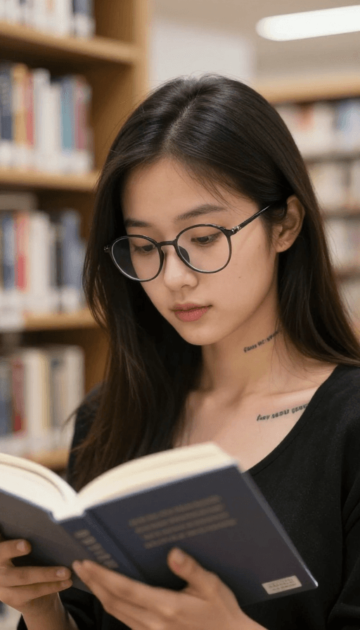 人物肖像素材：文静女孩图书馆阅读：专注与精致纹路