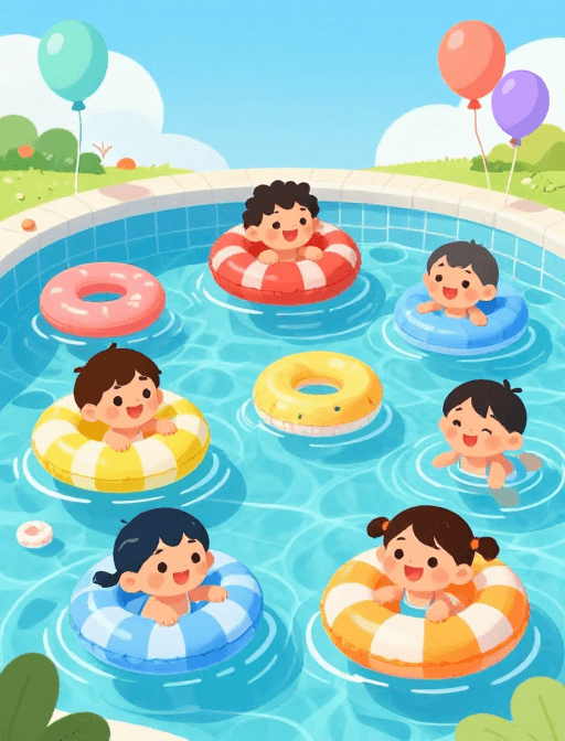 彩色设计素材：童趣泳池狂欢：彩虹游泳圈与欢笑孩童