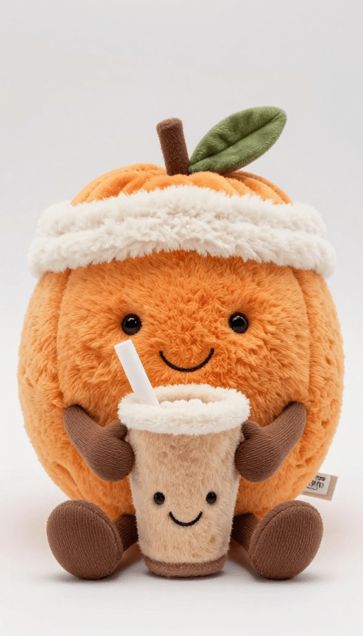 可爱风格素材：萌趣Jellycat风：戴帽子的橙拟人手拿甜蜜奶茶