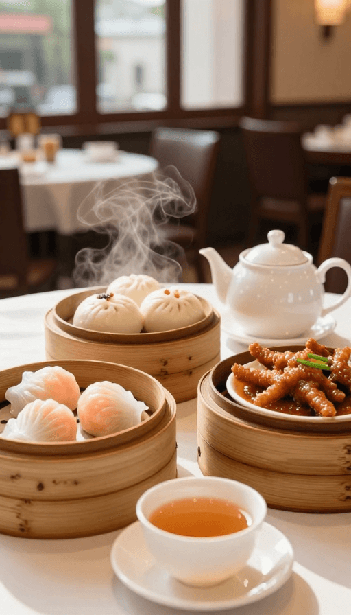 晨光氛围素材：晨光中的广东早茶：精致点心与茶香