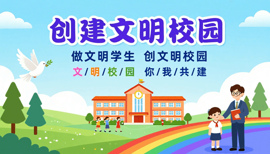 师生互动素材：创建文明校园：清新插画风教育宣传海报