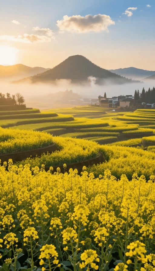 梯田景观素材：金色油菜花海初春仙境