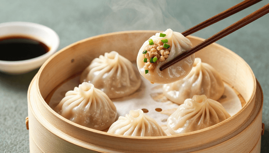 小笼包素材：高清小笼包特写：竹蒸笼中的精致中式美食摄影