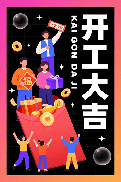 开工大吉素材：现代扁平插画风开工大吉海报，霓虹色彩与立体红包传递喜庆氛围