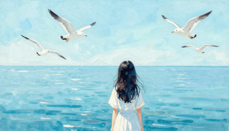 艺术装饰素材：青蓝梦境：少女背影与超现实海景