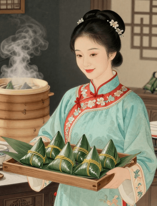 艺术人像素材：工笔淡彩端午风雅旗袍美女端粽图