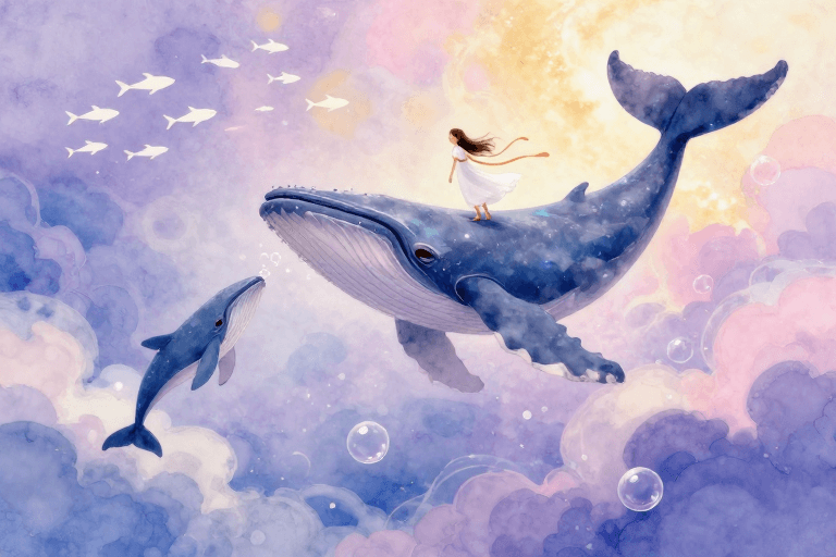 海洋生物素材：梦幻宇宙蓝鲸少女：水彩诗意跃动瞬间