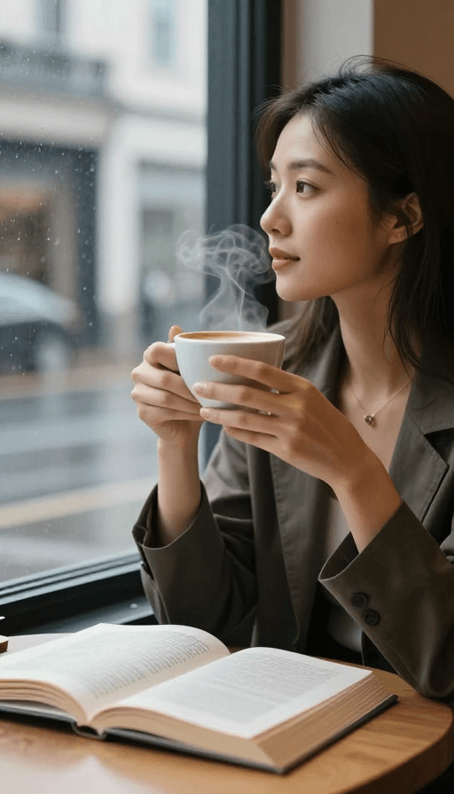 悠闲时光素材：雨中咖啡馆的静谧时光：女子凝望窗外的温柔瞬间